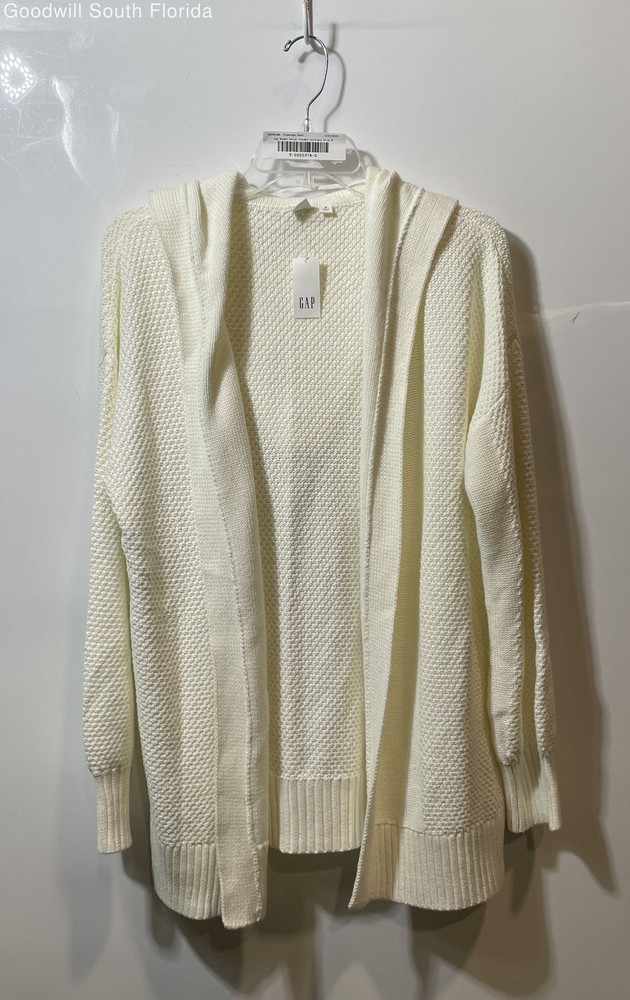 Gap Womens Beige Long Sleeve Hooded Ribbed Hem Open Front Cardigan Sweater Sz M