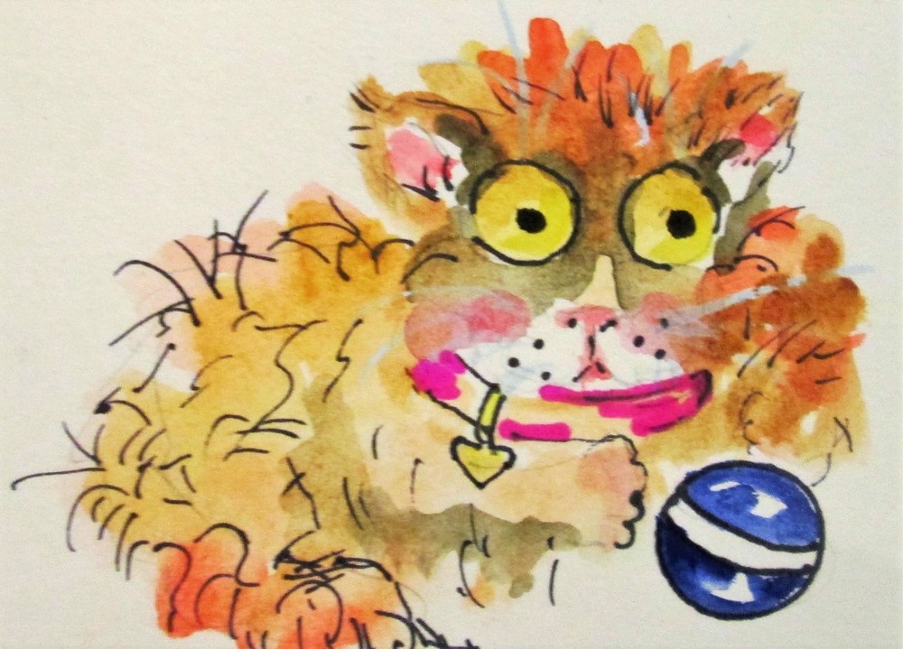 Delilah ACEO miniature fluffy cat ball original art collectible