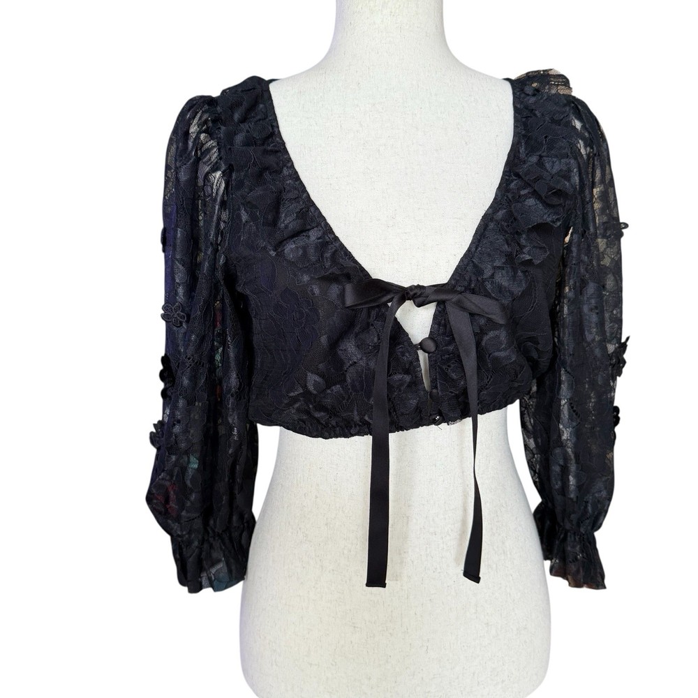 For Love & Lemons Black Floral Lace Puff Sleeve Crop Top Size Small