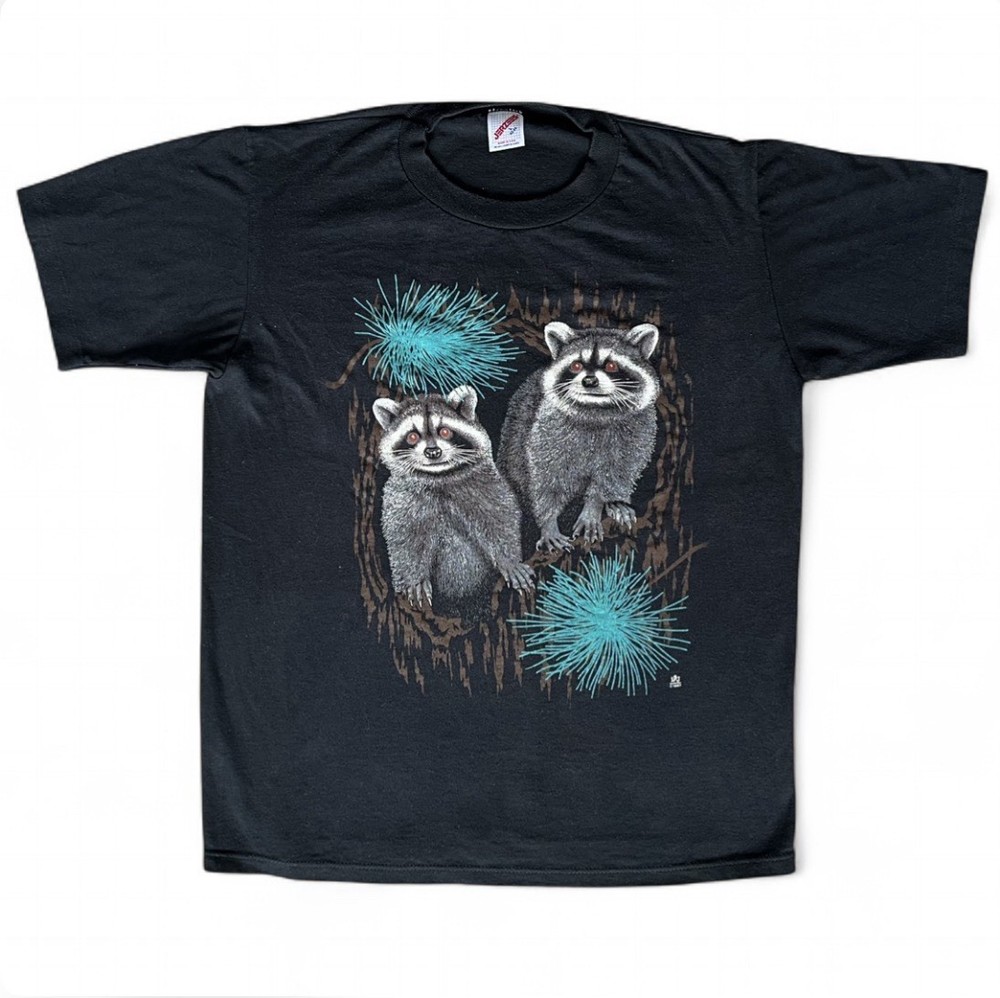 Vtg 1980s Raccoon Graphic Black T-Shirt USA Jerzees Single-Stitch Size Large