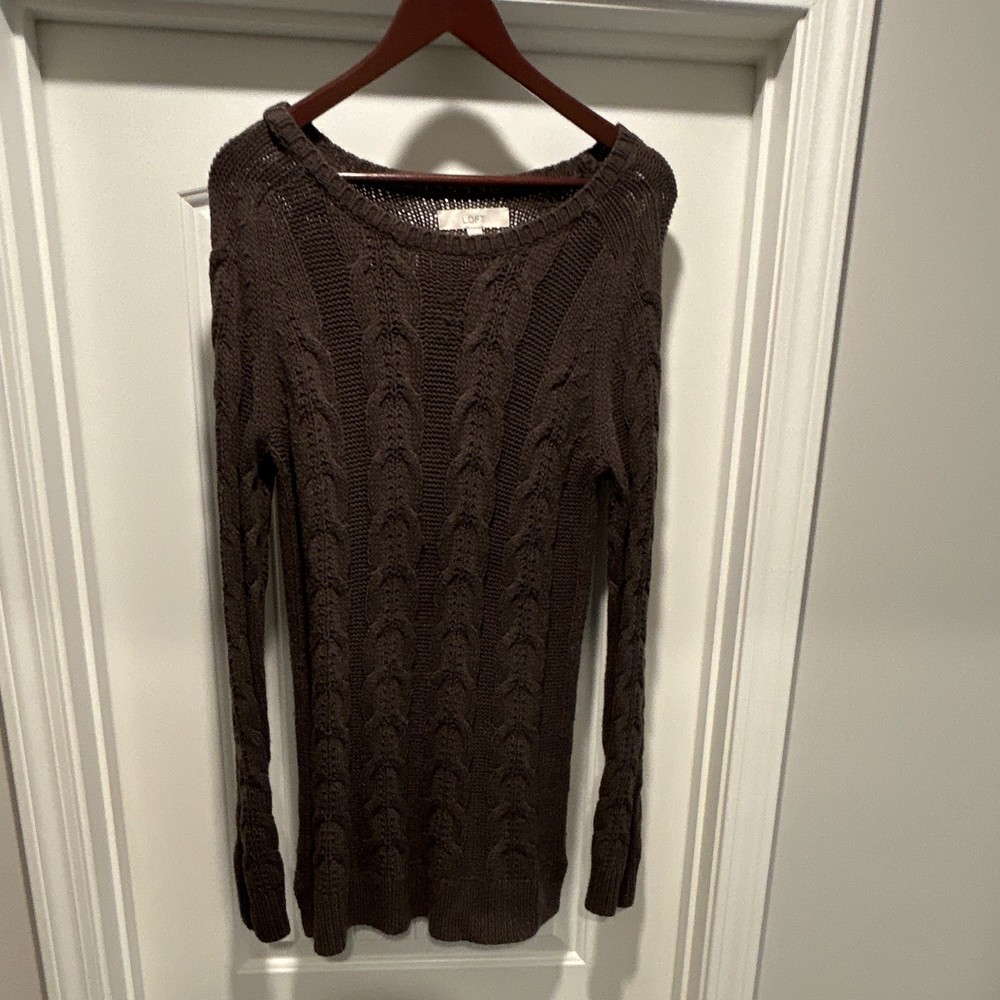 LOFT Women’s Brown Cable-Knit Pullover Sweater Scoop Neck Long Sleeve Size M
