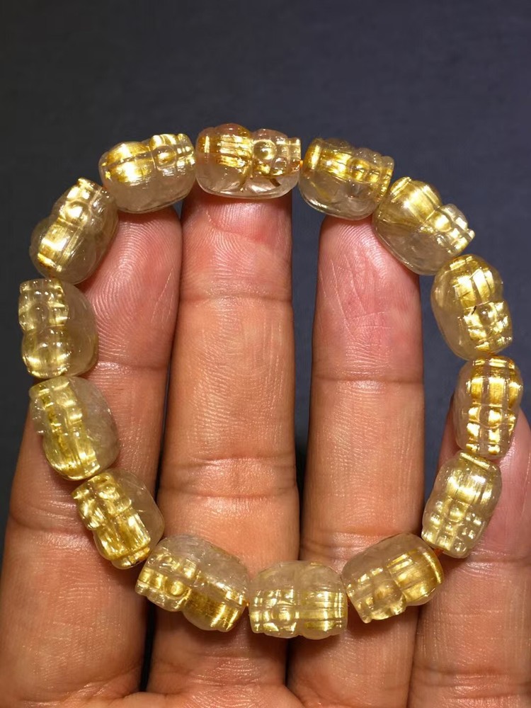 AA+Natural gold Hair Rutilated Quartz Crystal Round Beads Bracelet Healing 14mm