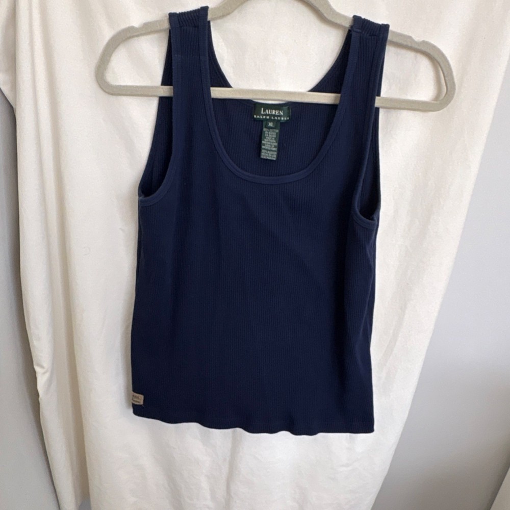Lauren Ralph Lauren Women's Ribbed Cotton Tank Top Scoop Neck Navy Blue XL