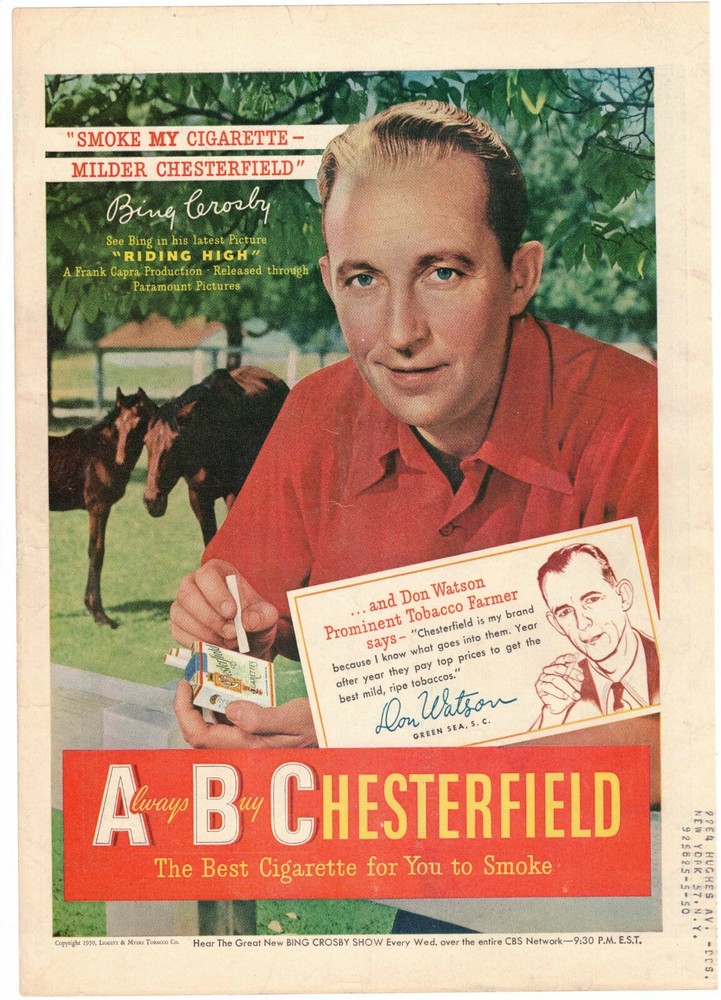 Original Vintage 1950 ad Chesterfield Cigarettes Bing Crosby