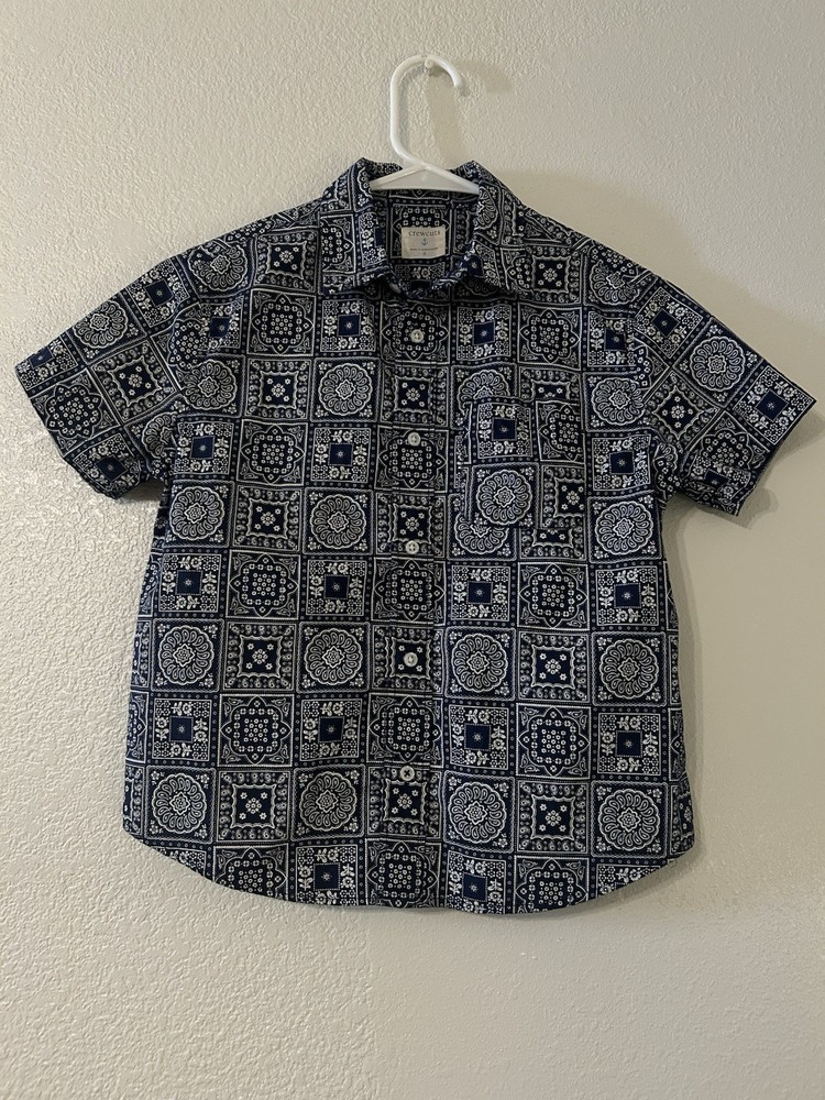 Crewcuts Boys Size 8 Blue/White Paisley Short Sleeve Collared Button-Up Shirt