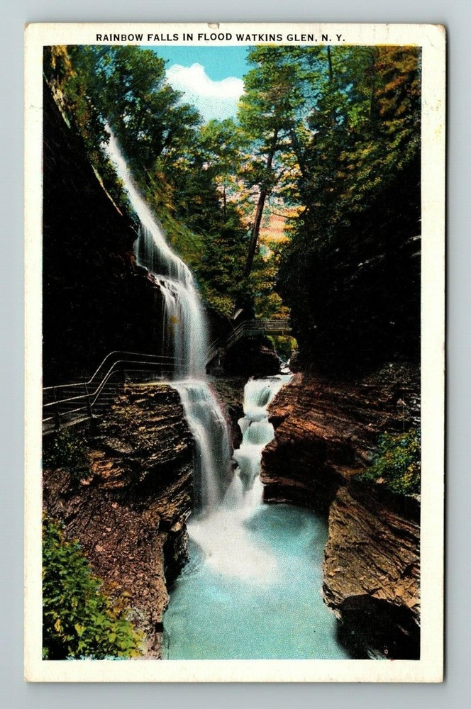 Watkins Glen NY-New York, Rainbow Falls In Flood Water, Scenic Vintage Postcard