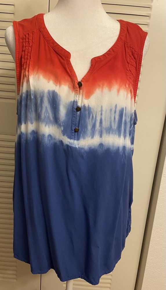 Sonoma Red/White/Blue Tie-Dye Button Split Neck Tank Top Women's XL