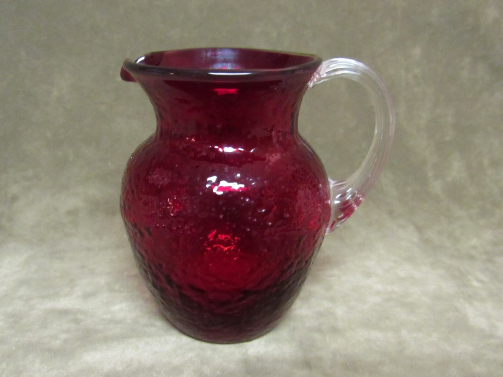 1960s Mid Century Modern Red Crinkle Art Glass Handled Creamer Pitcher Ewer Vase
