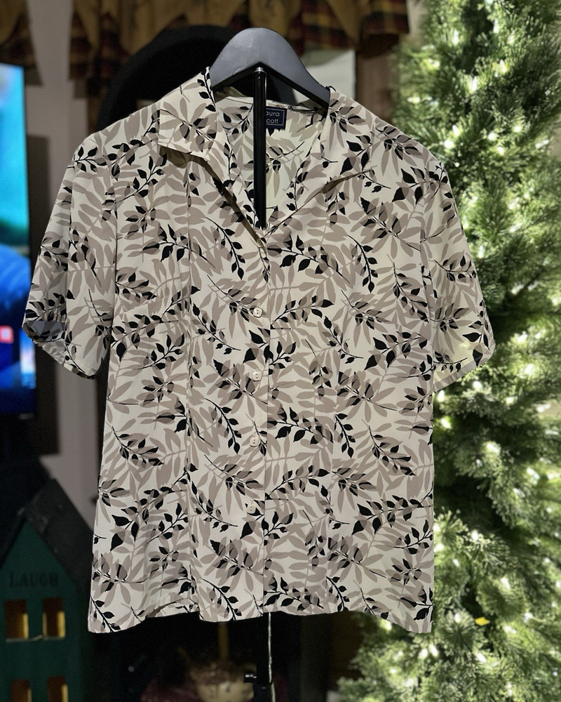 Laura Scott Womens XL Beige Black Floral Collared Short Sleeve Button Front Top