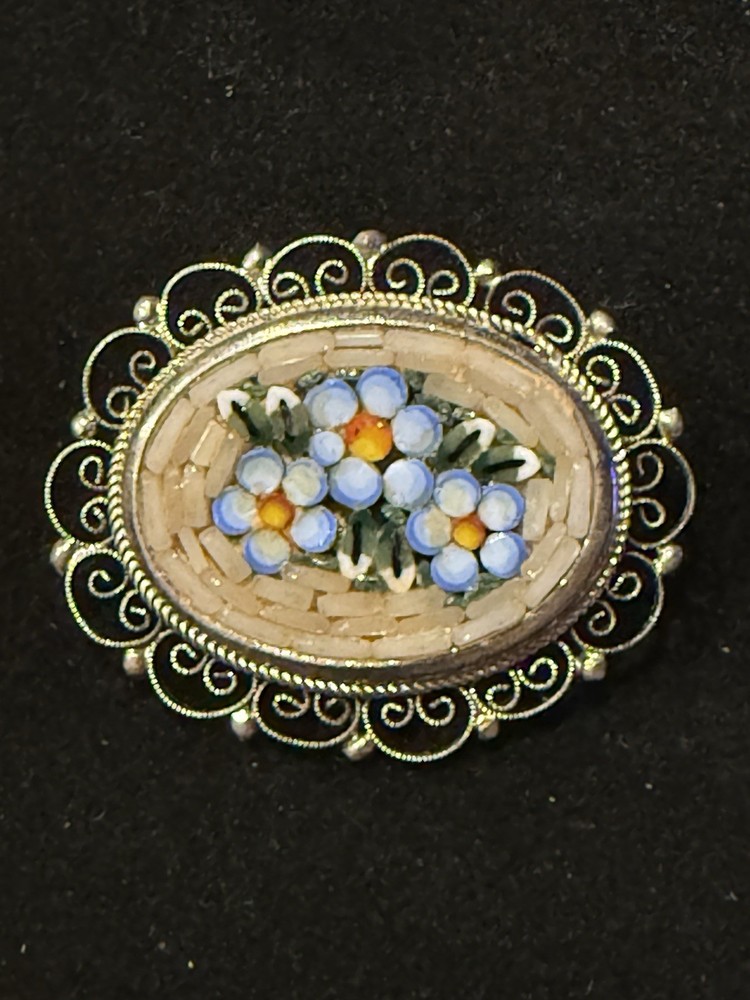 Vintage Micro Mosaic Millefiori Floral Gold Tone Oval  Filigree Pin/Brooch Italy