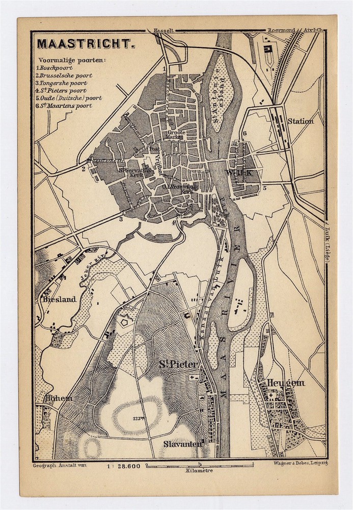 1885 Antique City Map Of Maastricht / Holland / Netherlands