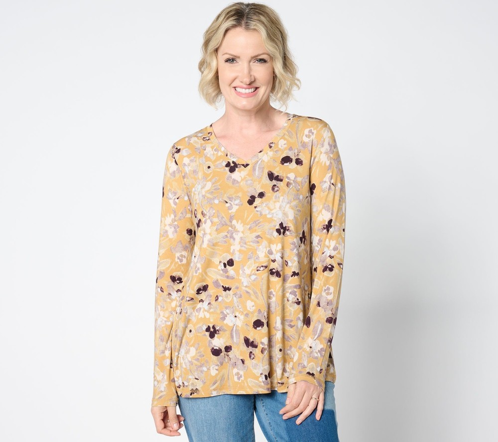 LOGO by Lori Goldstein Women's Top Sz XS Long Sleeve V-Neck Yellow A659750