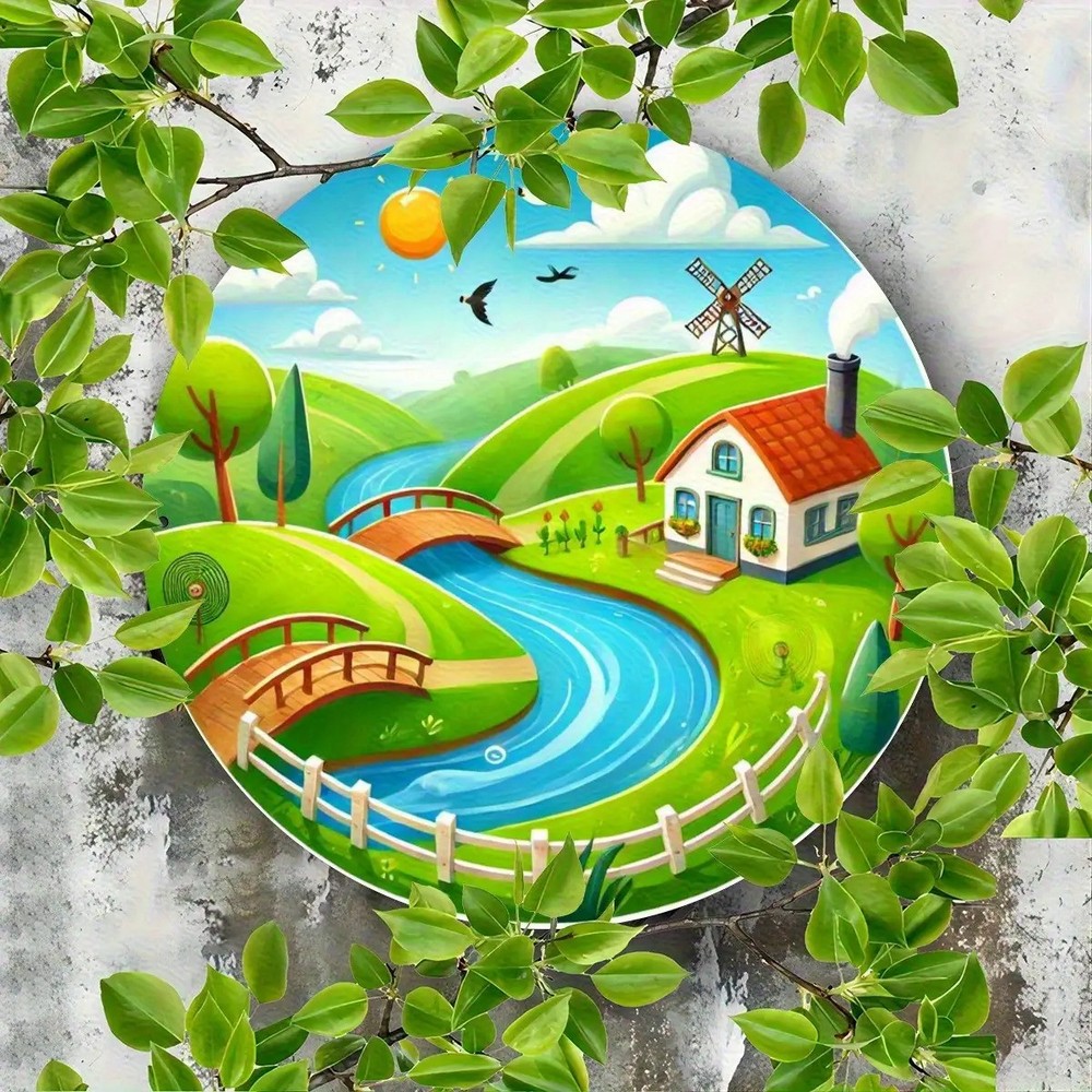 Round Farmhouse Landscape Metal Wall Art with Cottage and Windmill