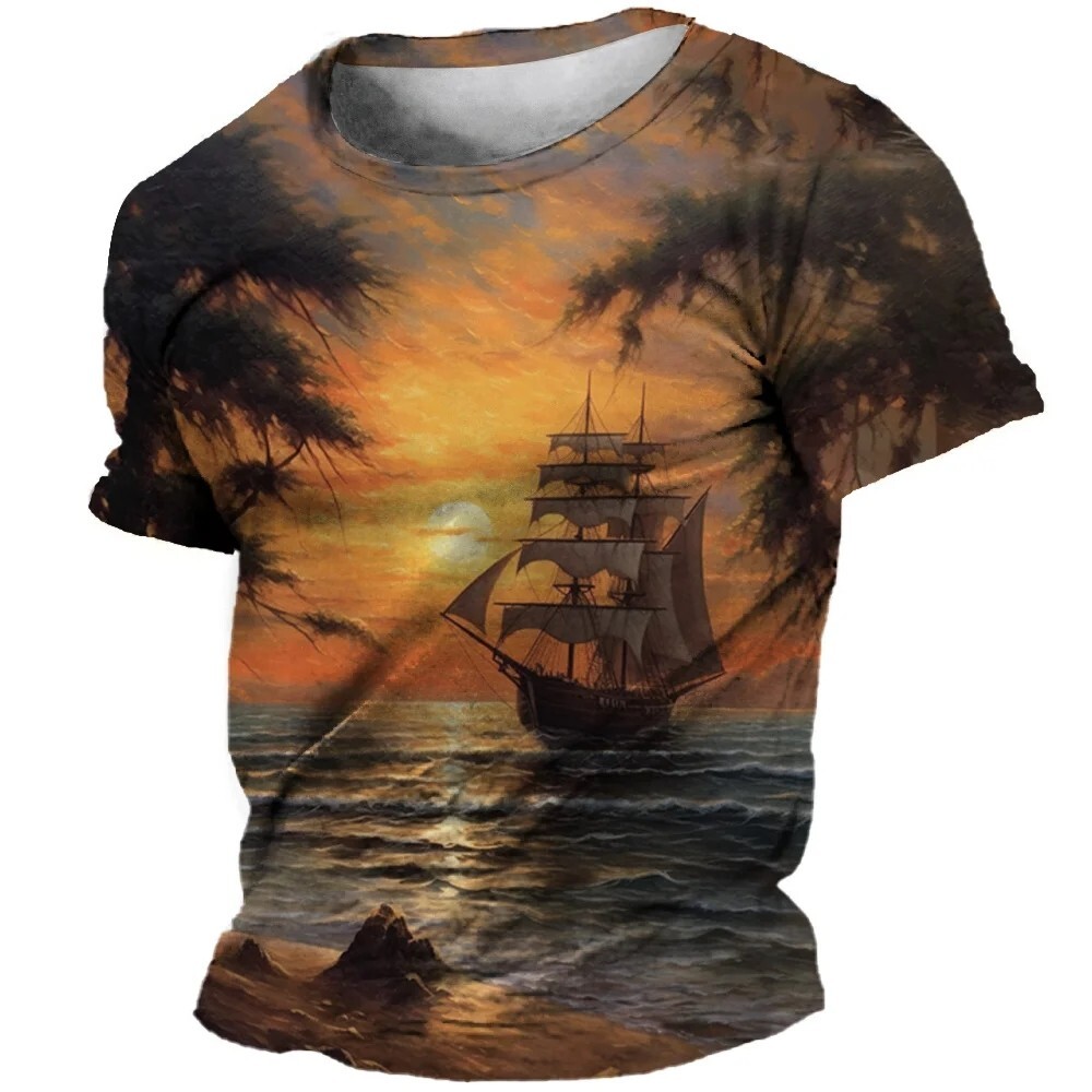 Vintage 3D Graphic Tees for Men Sunset Ships Guitar & Abstract Patchwork Designs-image