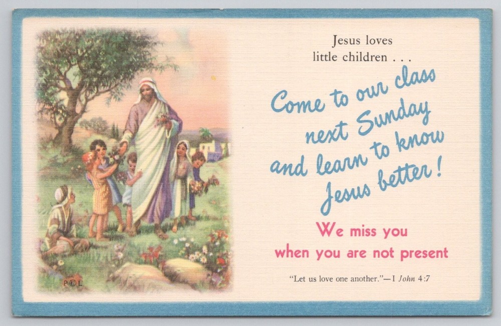 Vintage Religious Postcard Jesus Loves Little Children Sunday School