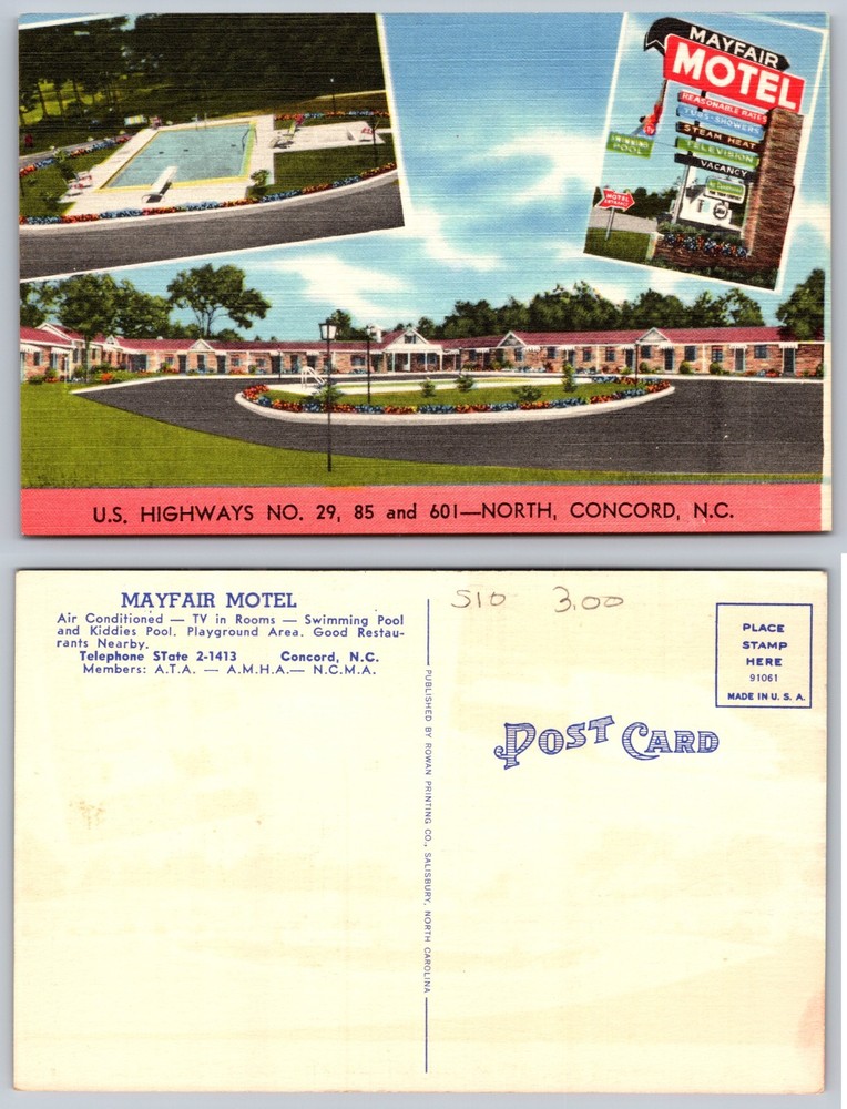 Mayfair Motel Concord NC Pool Roadside Postcard