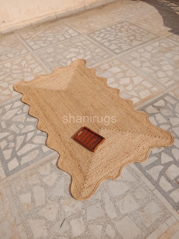 Scalloped Natural Jute Rug Braided Jute mat | Kitchen Rug Bath mat Wave Edge