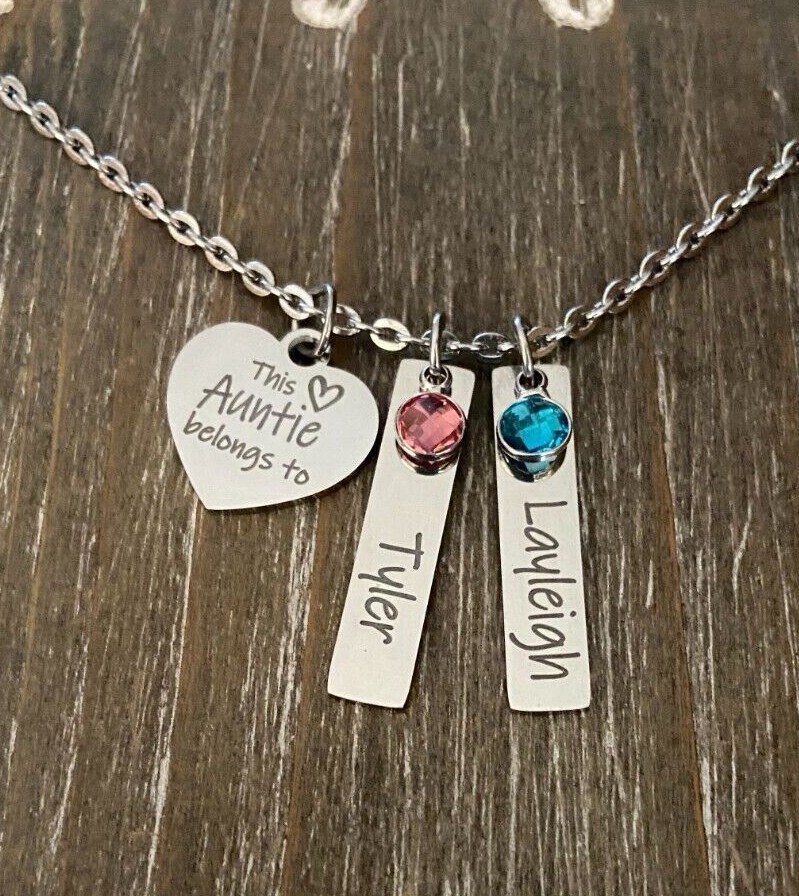 Auntie Necklace personalized engraved names birthstones custom niece/nephew Gift