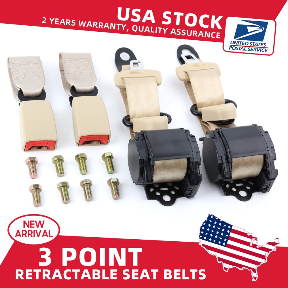 2Set Retractable 3 Point Safety Seat Belt Strap Car Vehicle Beige For Suzuki