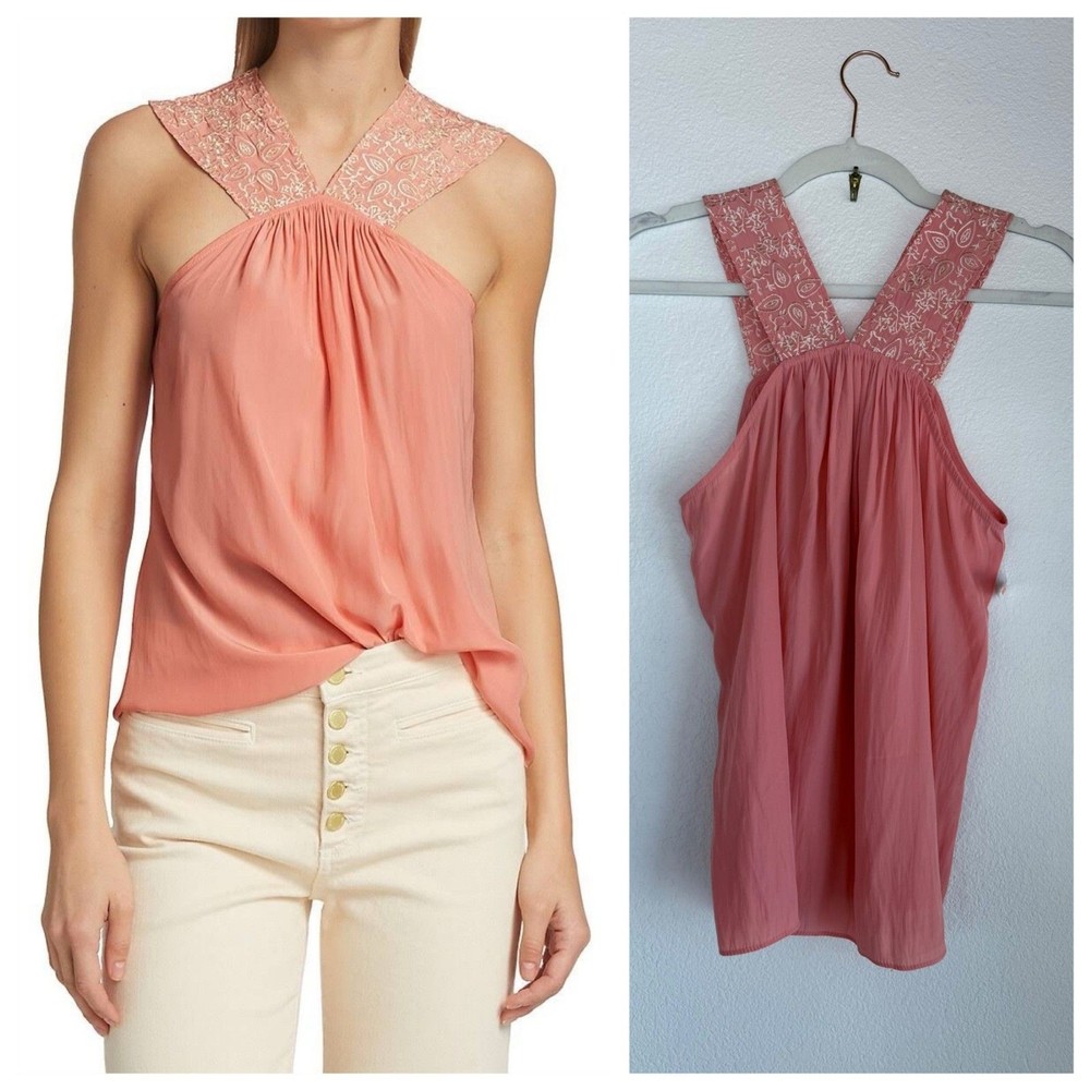 NWT Ramy Brook Darby Embroidered Sleeveless Halter Style Top in Pink Size M