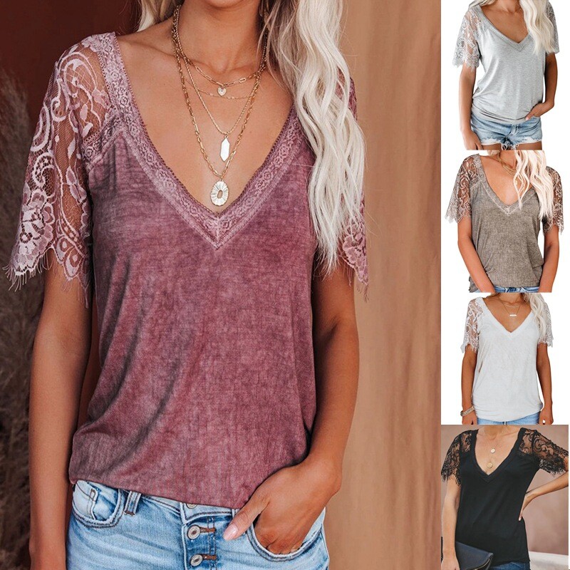 Women's solid color loose short V-neck feather lace lace sleeve top