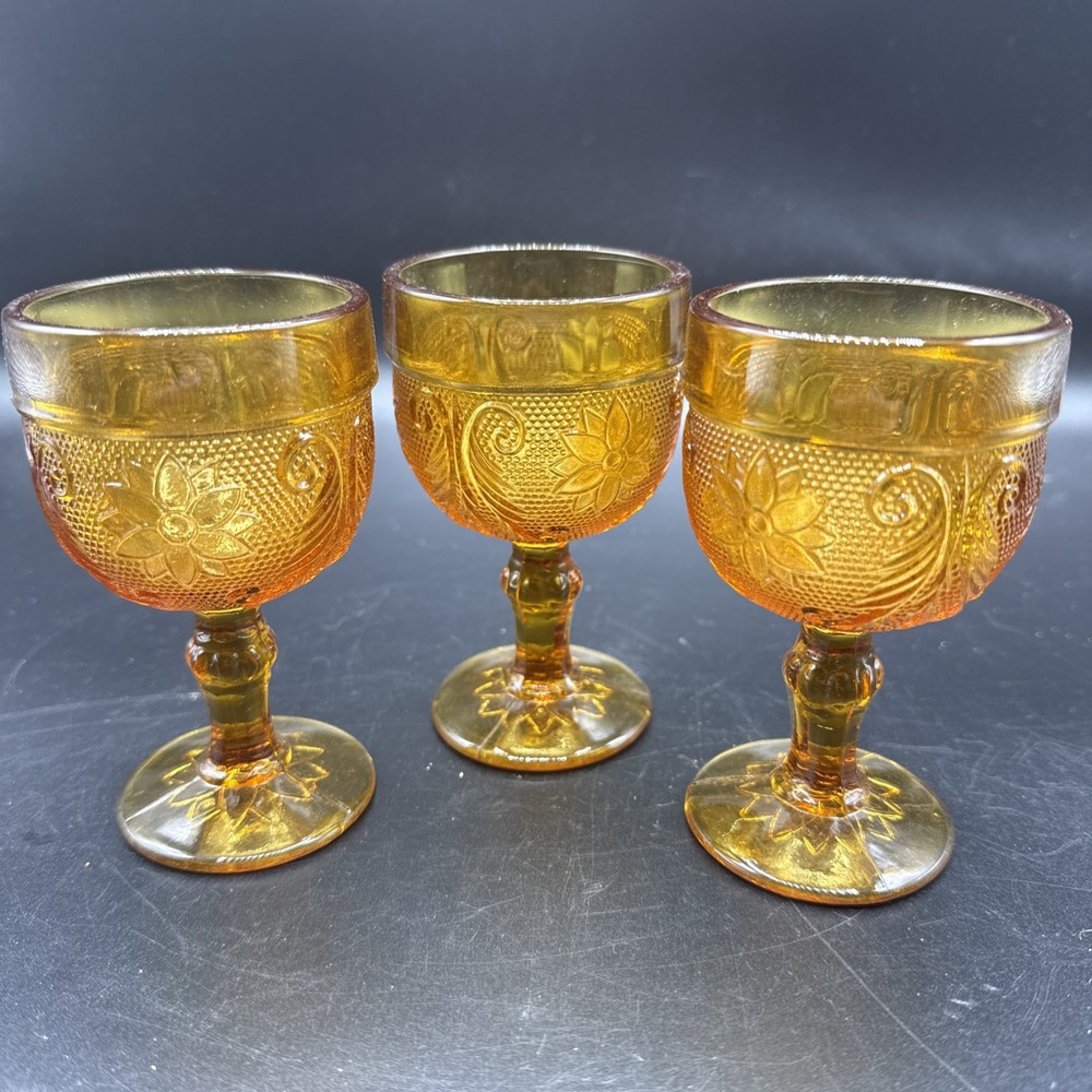 1970s Indiana Glass Amber Glass Goblets Set of 4, Tiara Sandwich Floral Pattern