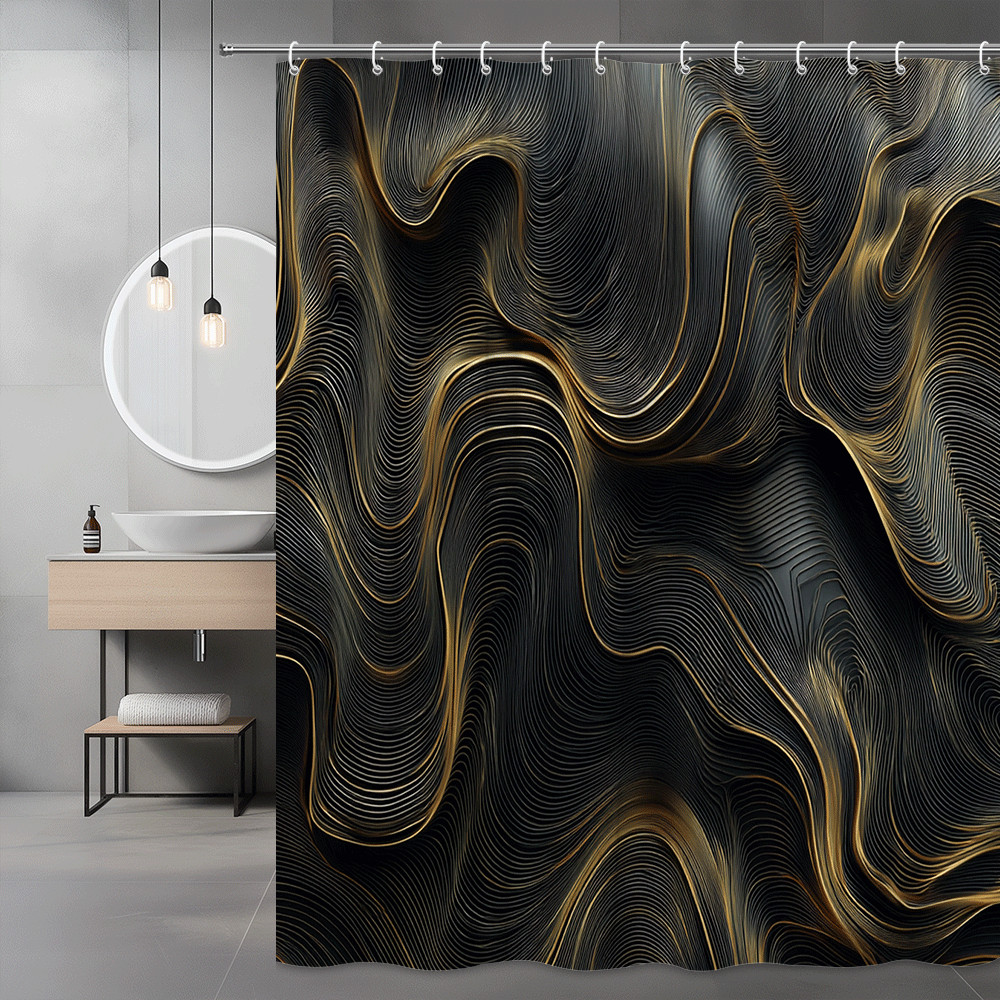 Abstract Black Gold Wave Shower Curtain