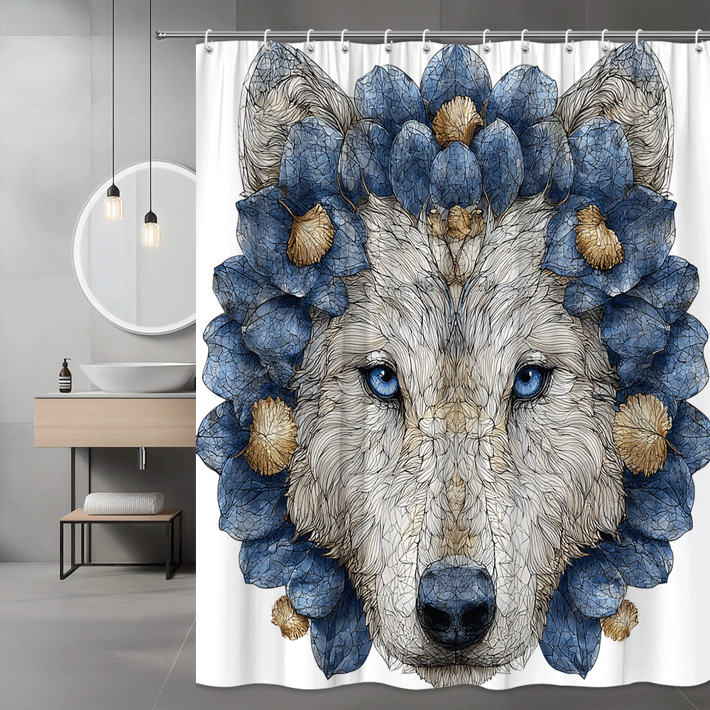 Wolf Flower Shower Curtain Blue Floral Animal Print
