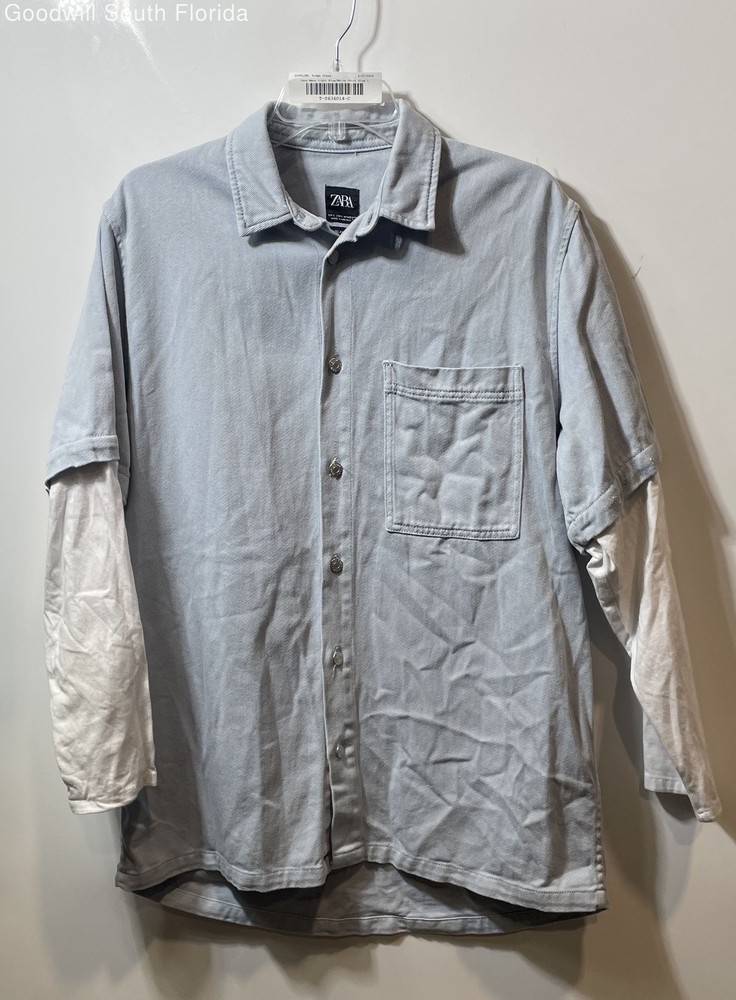 Zara Mens Light Blue White Long Sleeve Collared Relaxed Fit Button-Up Shirt Sz L