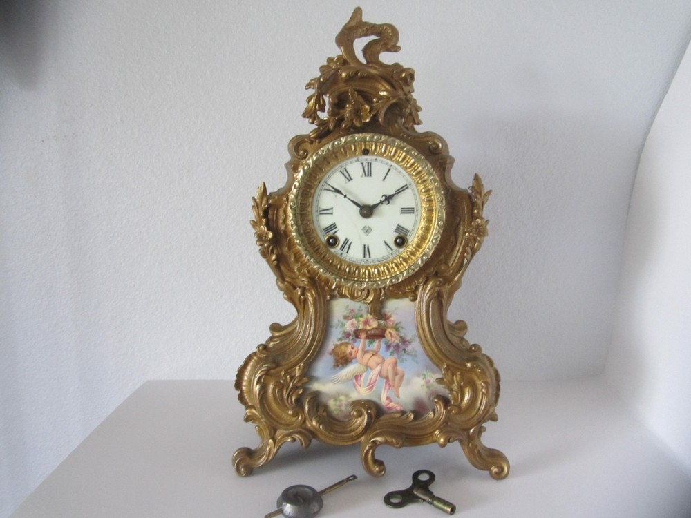 Stunning Antique Ansonia Bronze Gilt 8 Day Time & Strike Mantle Clock Runs Well