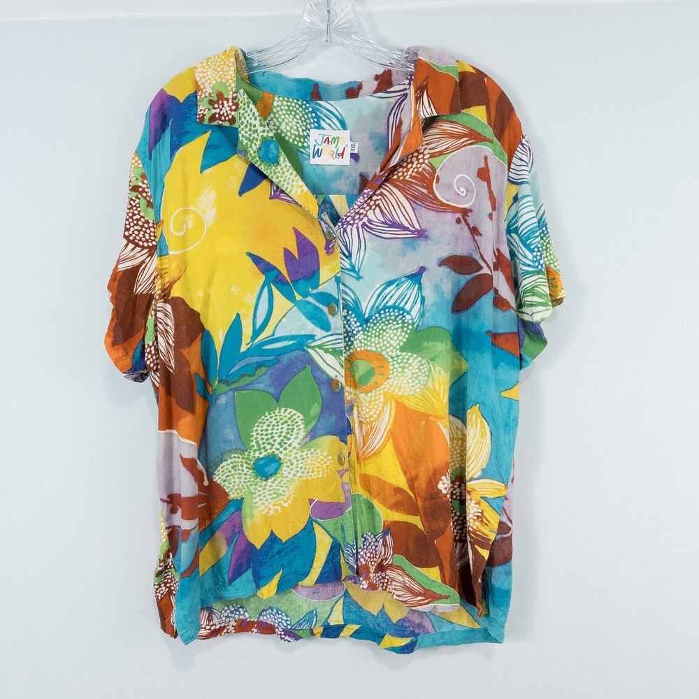 Jams World Womens Aloha Hawaiian Camp Shirt Amber Print XXL Floral Beach Resort