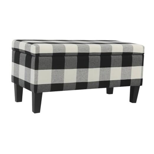 Large Upholstered Rectangular Storage Ottoman Bench with Hinged Black Plaid