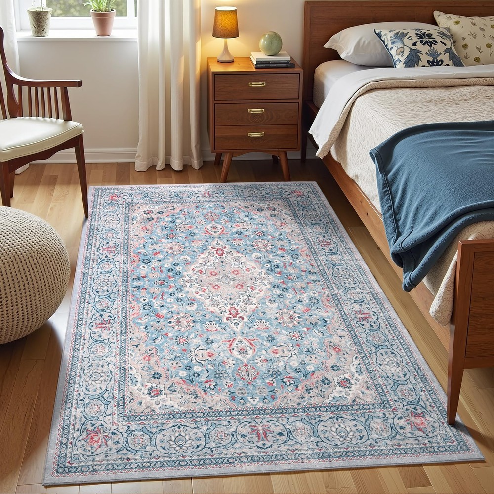 Blue Washable Boho Area Rug for Bedroom, 3x5 Vintage Floral Non Slip Rugs, So...