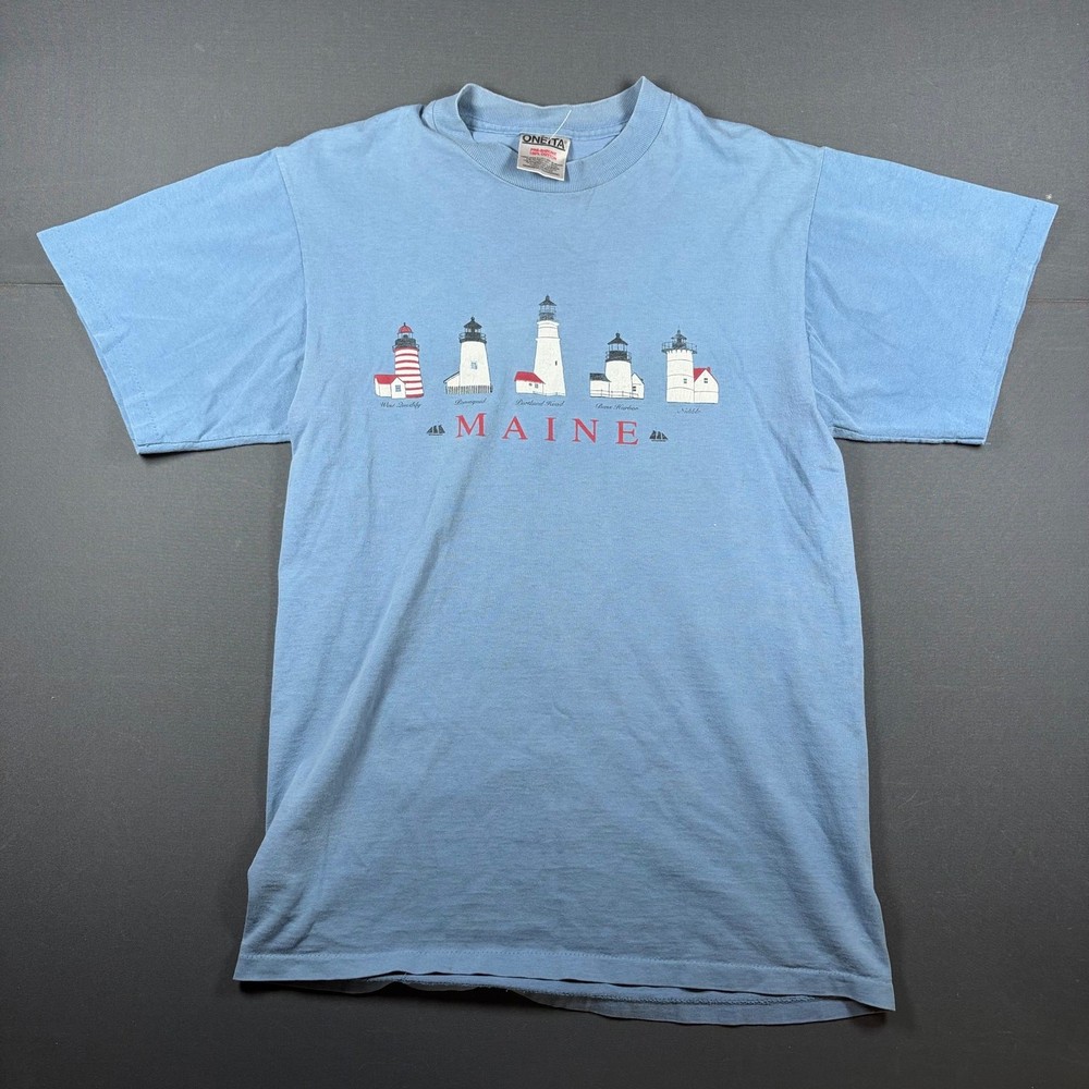 Vintage Oneita Maine Lighthouse Graphic T-Shirt Blue Single Stitch Cotton Medium