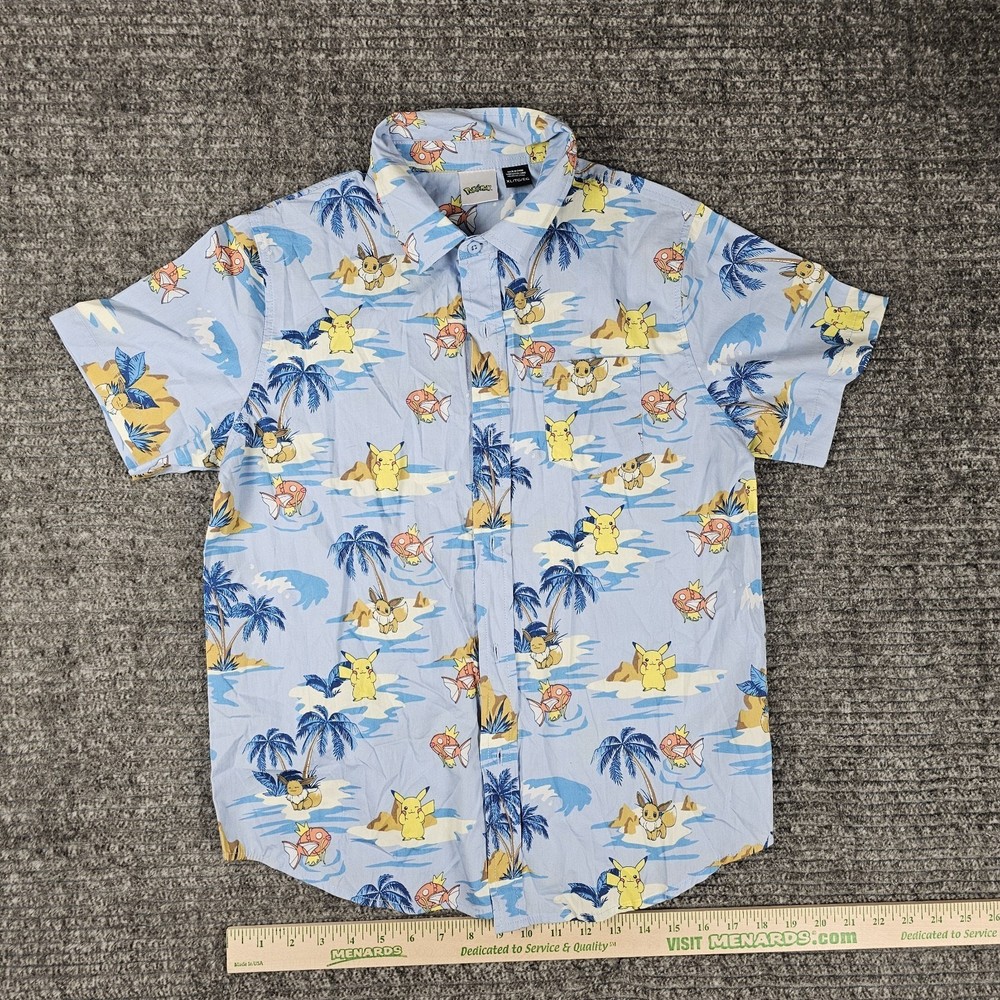 Pokemon Shirt Boys 2XL Blue Hawaiian Aloha Button Up Pikachu Magikarp Tropical