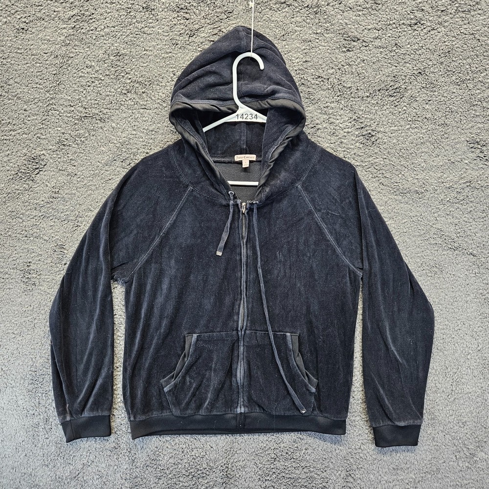 Juicy Couture Hoodie Womens Size Large Black Velour Sweatshirt Full Zip