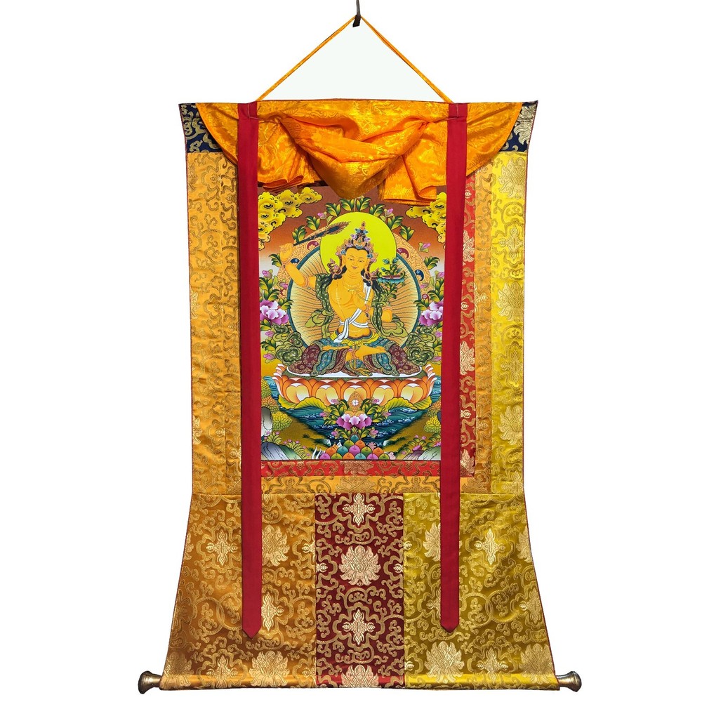 Brocade Manjushree Thangka - Bodhisattva of Wisdom Thanka Wall Art