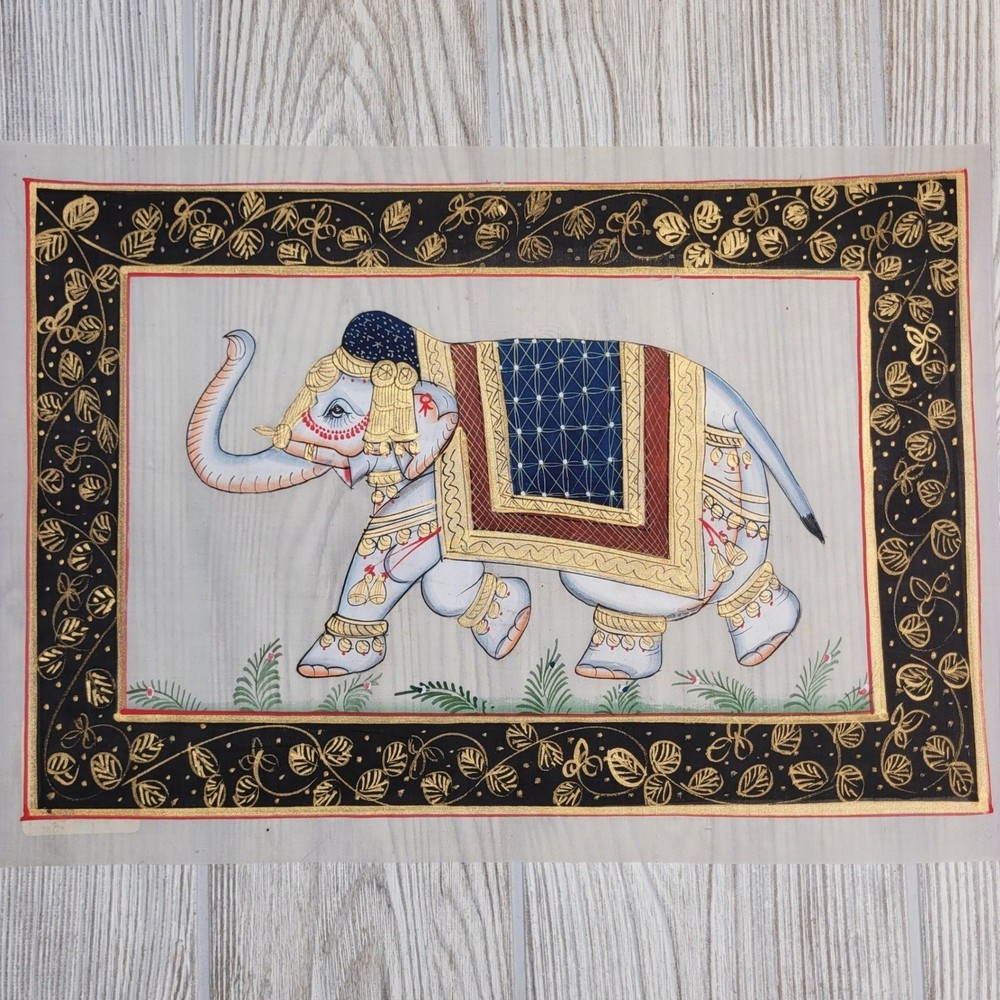 Silk Painting Unisex 10x13 Gold Elephant Indian Folk Art Hand Painted Animal Vtg