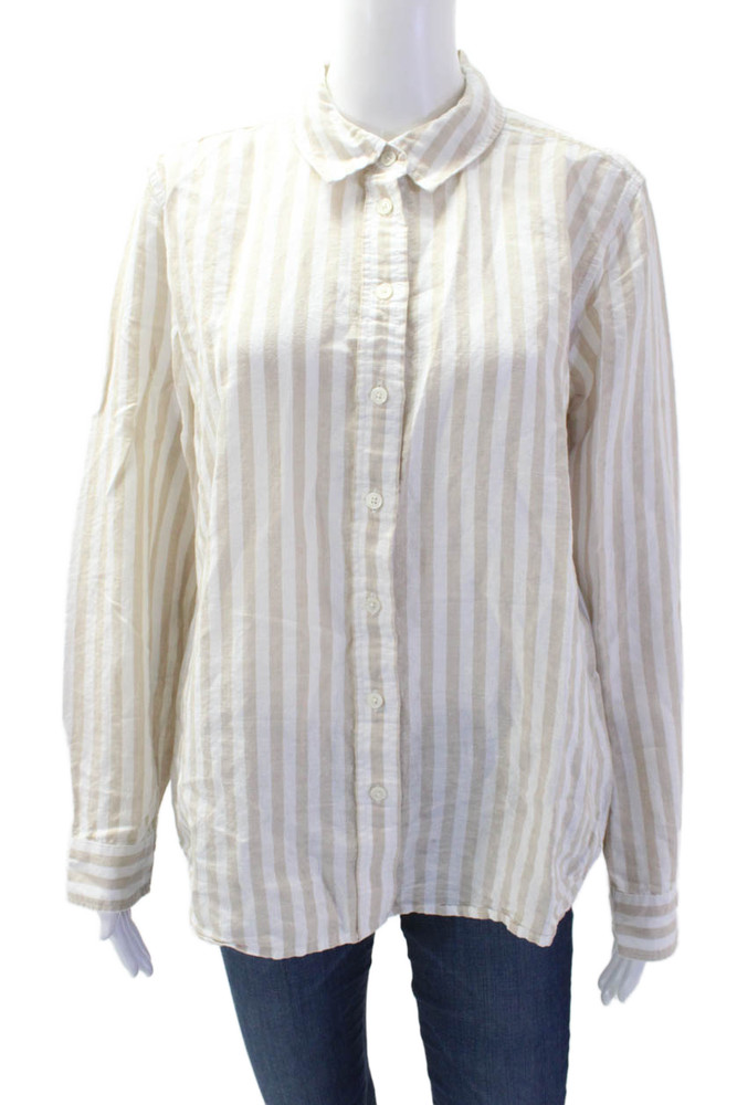 J Crew Womens Linen Striped Button Down Shirt Beige White Size LargeFree Shipping in US $100+ Orders | $6.95 Orders Below