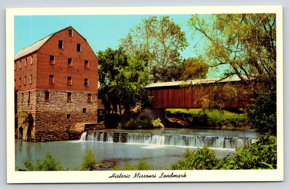 Burfordsville Missouri~Historic Water Mill Bldg~Covered Bridge~1950s Postcard