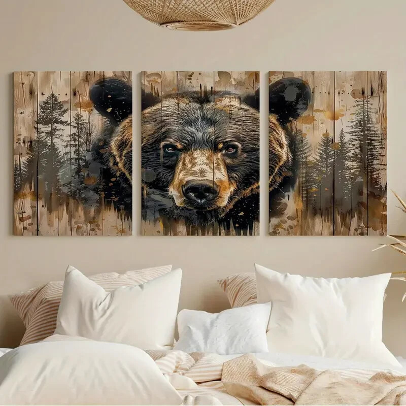 3pcs Grizzly Bear Wildlife Farmhouse Metal Print  Ready to Hang Art