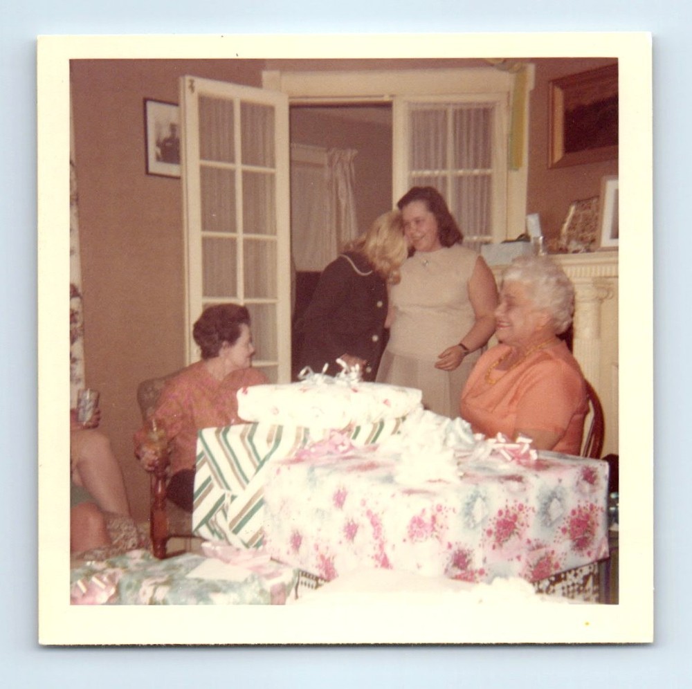 Old Vintage Square Color Photo WOMEN OPENING PRESENTS IN LIVING ROOM 1968