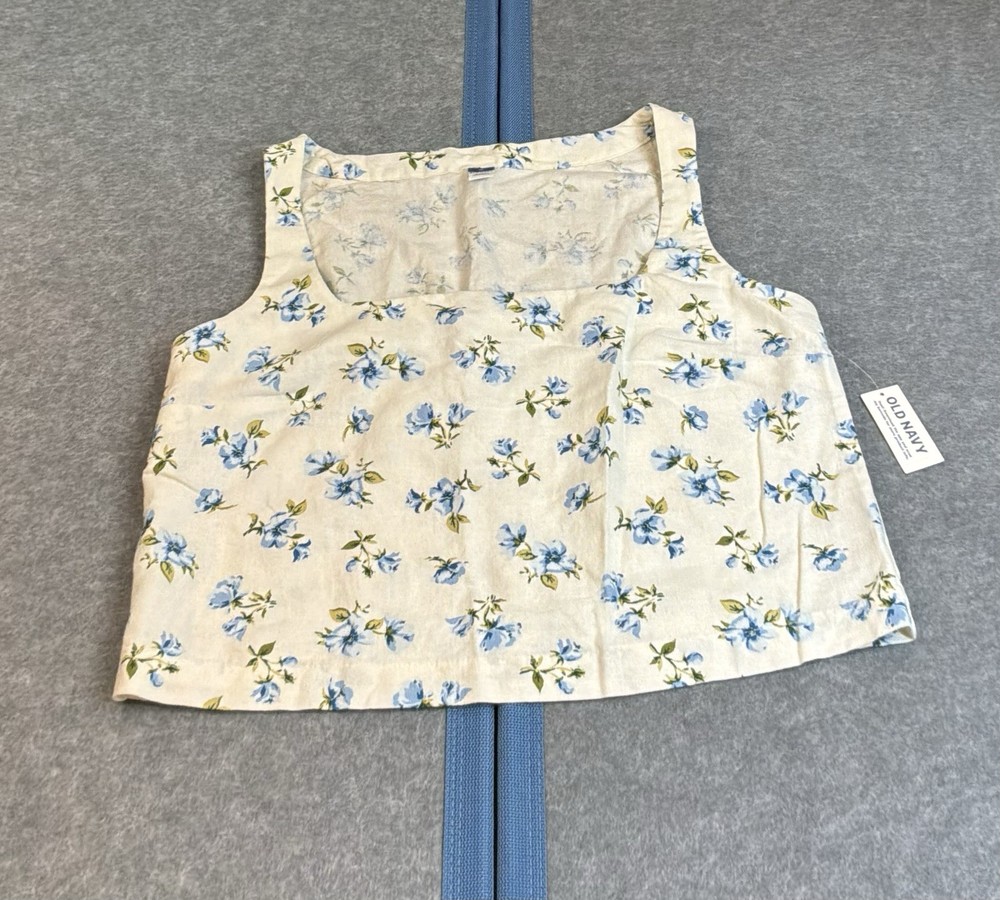NWT Old Navy Cream Blue Floral Linen Square Neck Cropped Tank Top Women’s M