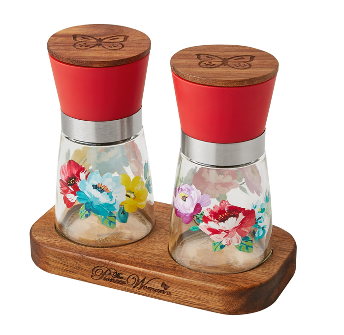 Pioneer Woman Flourish 3Pc Salt & Pepper Grinder Set Glass 🏡 Sweet Romance Red