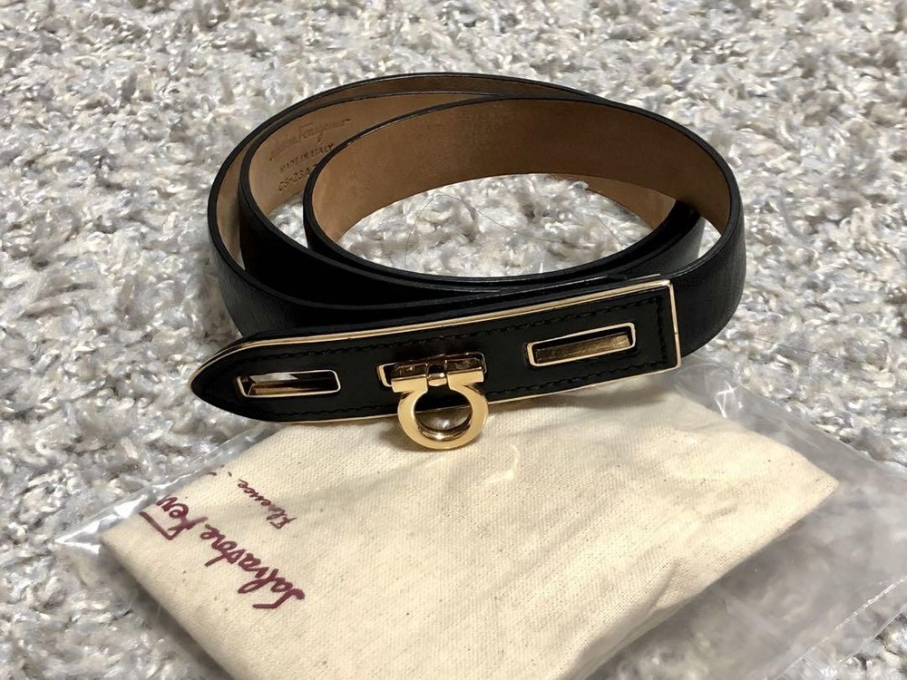 Salvatore Ferragamo Leather Belt Black Gancini Size 90 Gold hardware from JAPAN