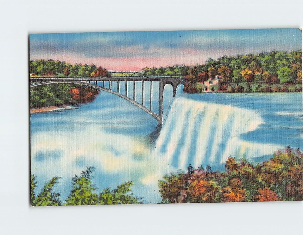 Postcard American Falls & Rainbow Bridge From Luna Island Niagara Falls