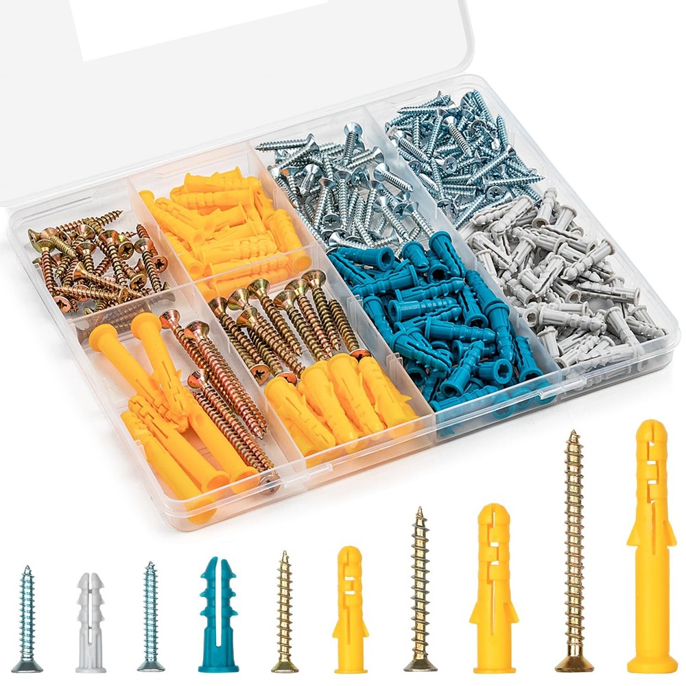 KURUI Drywall Anchors and Screws Assortment Kit #8, #7, #6, Yellow Blue Grey
