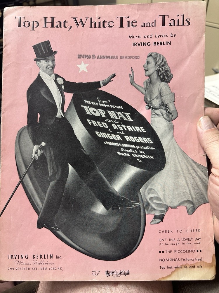 M FRED ASTAIRE Movie Musical Sheet Music TOP HAT ‘White Tie And Tails ’