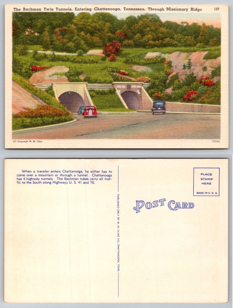 Bachman Twin Tunnels Chattanooga TN Missionary Ridge Linen Postcard Vintage Cars