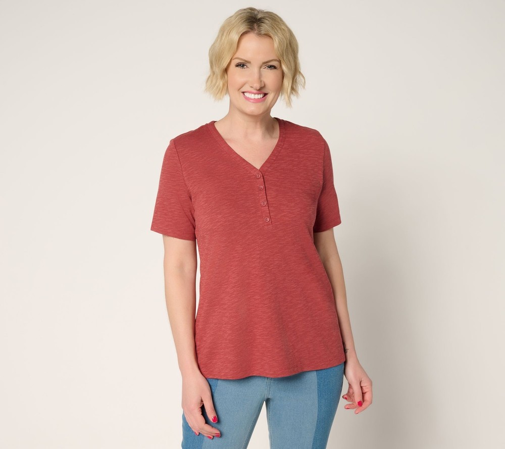 Denim & Co. Women's Top Sz M Essentials Slub Jersey Short Sleeve Red A699019